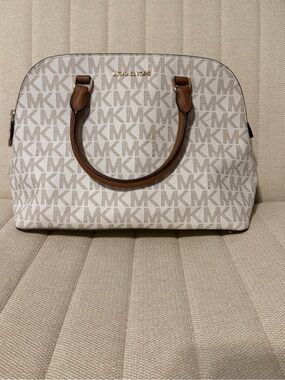 Michael Kors Vanilla MK Logo Satchel with Brown Leather Handles